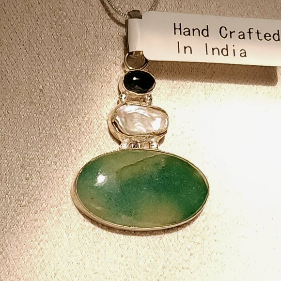 Aventurine Onyx Keshi Pearl All Natural NEW Artisan Crafted Pendant Silver Chain - Picture 5 of 8